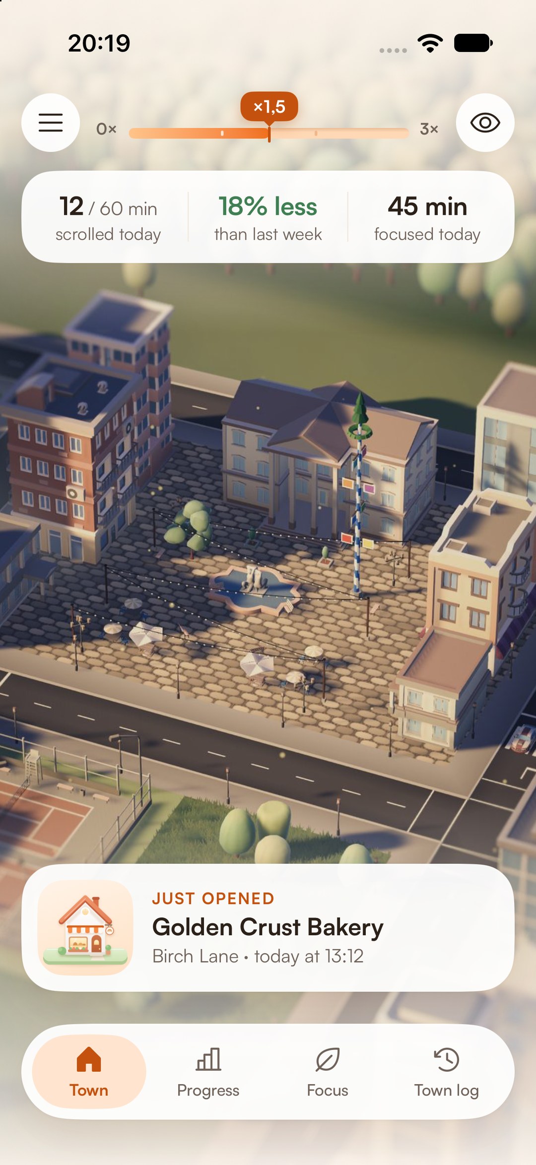 The town screen with today's building speed and a bakery that just opened